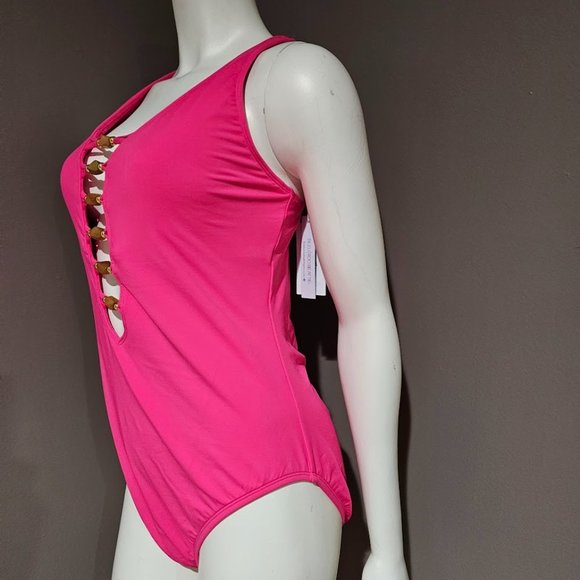 Bleu by Rod Beattie Beaded-Cutout One-Piece Swimsuit Rose Red Size 14 - Picture 3 of 14